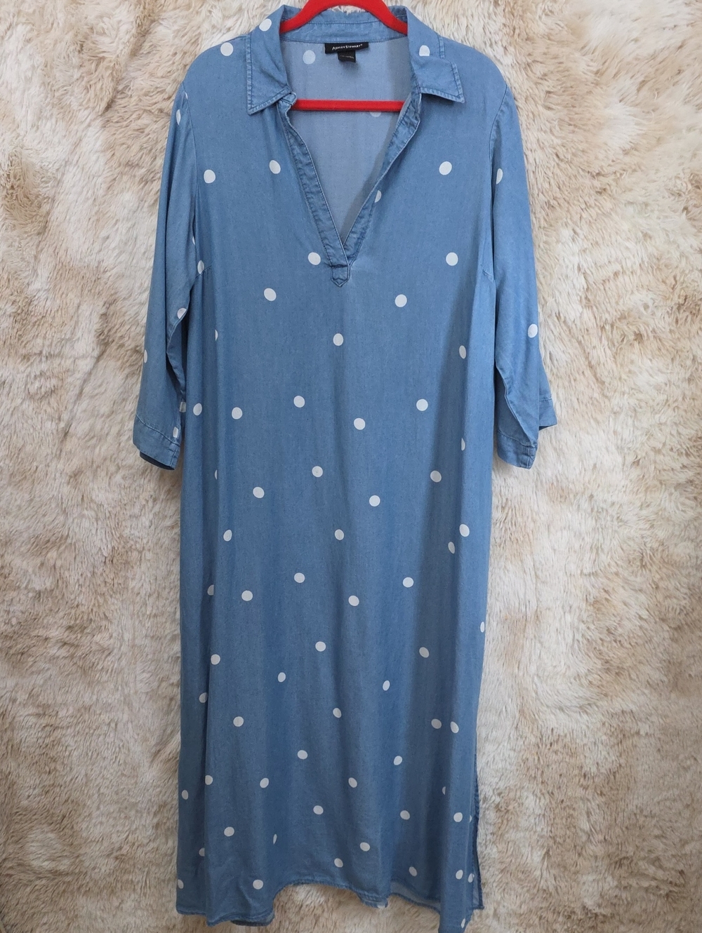 Ashley Stewart Blue Polka Dot Lyocell Shirt Dress 14/16 Roll Tab Sleeves Plus Si - Picture 4 of 10
